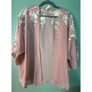 Chenault Women's Pink L Sheer Cover-Up Floral Embroidered Bohemian Cottagecore